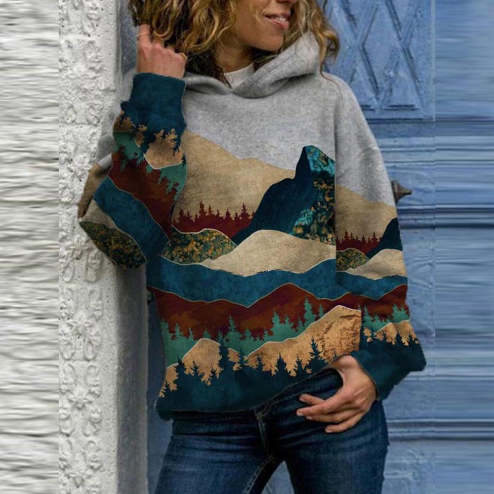 Felpe con cappuccio vintage Harajuku da donna, eleganti, con stampa di montagna, felpe larghe, tute casual primaverili, pullover oversize