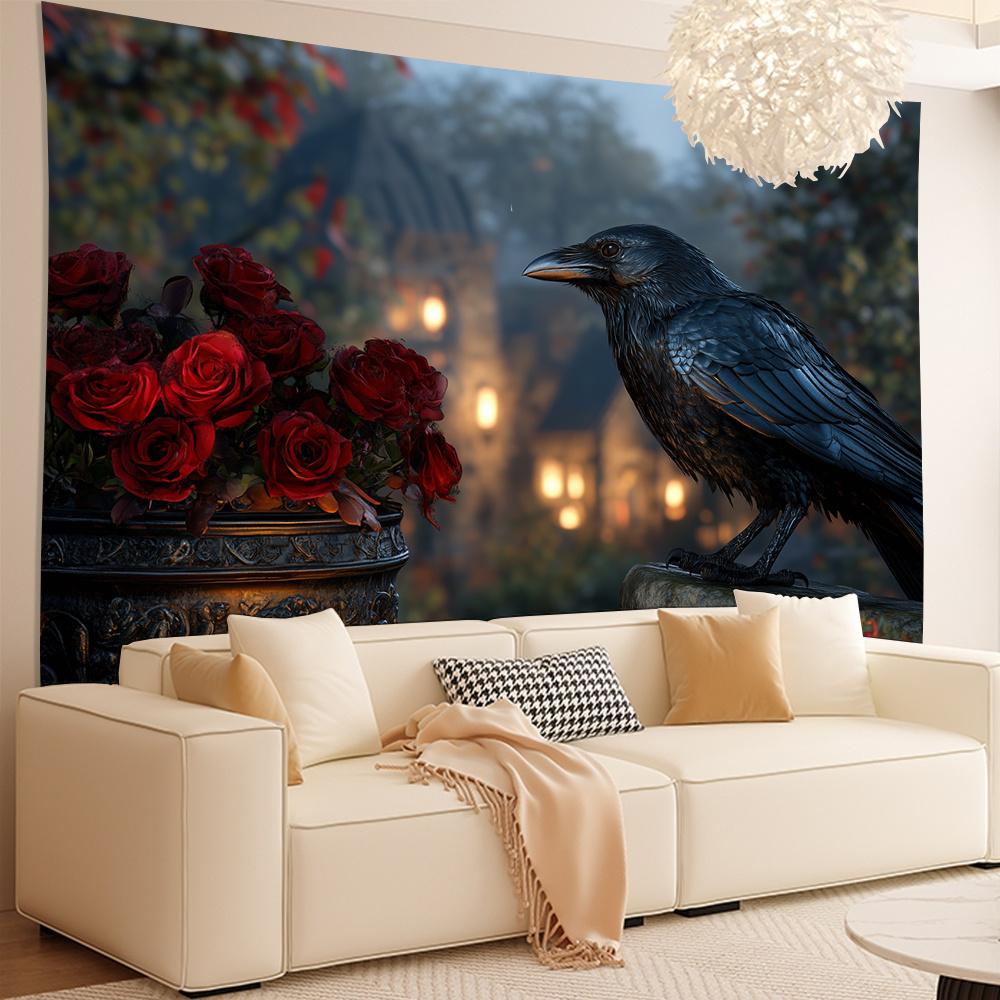 Theme of Crow and Rose Digital printing polyester wall hanging tapestry decorative Living room bedrooms Office background gift