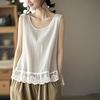Women's Plus Size Cotton Linen Lace Hem Camisole Vest (2026 Spring/Summer) - Tummy Covering Sleeveless Top