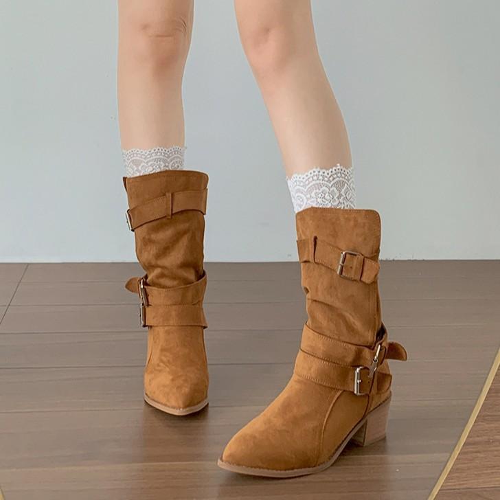 Retro brown British thick heel boots children's medium boots 2025 new autumn skirt height-increasing and thin knight boots