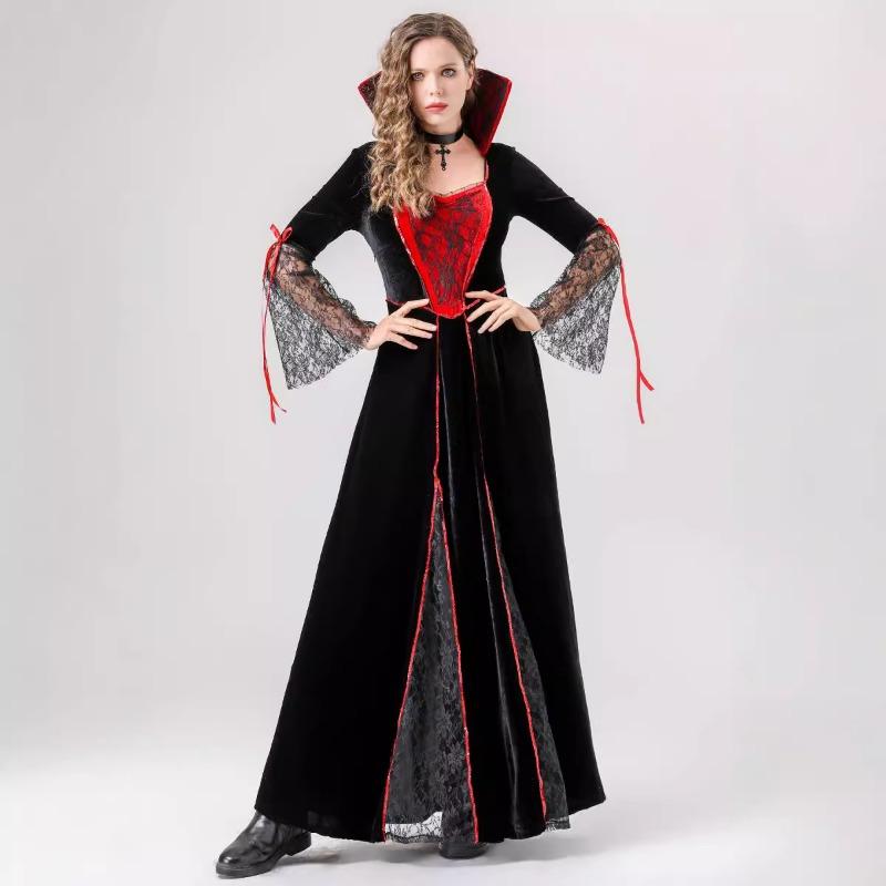 Halloween Vampire Queen Witch Red and Black Long Dress Demon Dress Up Costume Cosplay Costume