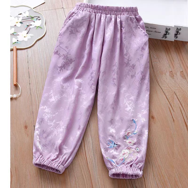 Girls' Summer Pants Fashion Chinese Style Satin Jacquard Hanging Feel Medium Sized Children's Baby Pants