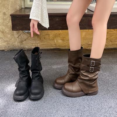 Stivaletti corti stile Martin con fibbia retrò di nicchia su suola spessa, nuovi per autunno e inverno da donna, stivali neri sottili alla moda
