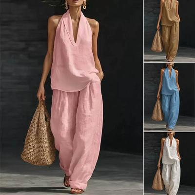 Women's Solid-Colored Casual Sleeveless Cotton-Line Tank Top and Wide-Leg Pants
