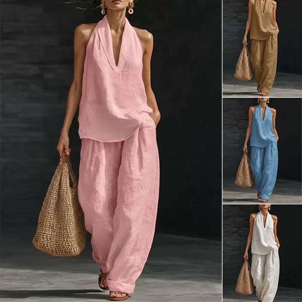 Women's Solid-Colored Casual Sleeveless Cotton-Line Tank Top and Wide-Leg Pants