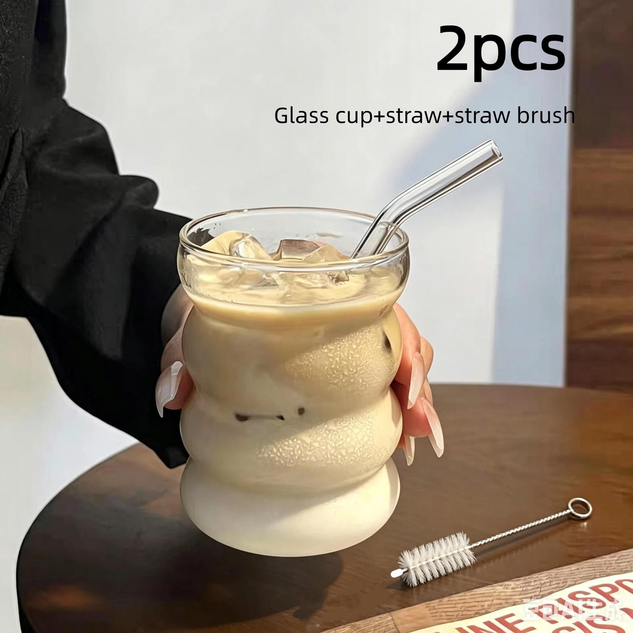 Caterpillar glass cup, coffee milk cup, transparent glass cup, ice juice cup, tea cup, vintage drink with straw and straw brush 201-300ml чистый