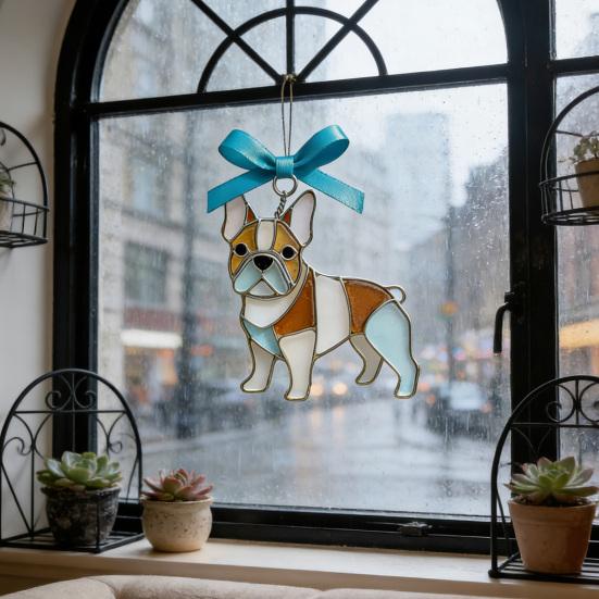 Colorful Dog Acrylic Suncatcher Stained Glass Corgi/Bulldog/Chihuahua Ornament Window Christmas Tree Hanging Decor with Bow Holiday Gift for Dogs