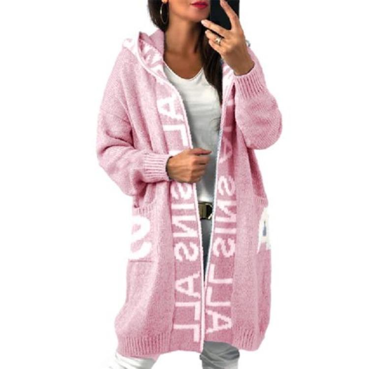 Cappotto Invernale da Donna Maglione Lungo con Cappuccio Autunno Spesso Caldo Lavorato a Maglia Lunghezza Media Ampio Chiusura con Zip Tasche Fantasia Lettere