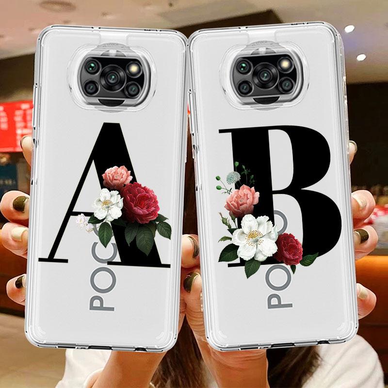 Transparente Hülle für Xiaomi Mi Poco X3 NFC M3 Pro F3 F1 11 Lite 12 Redmi Note 10 9S 8 7 9 Weiche Handyhülle Buchstaben DIY Blume