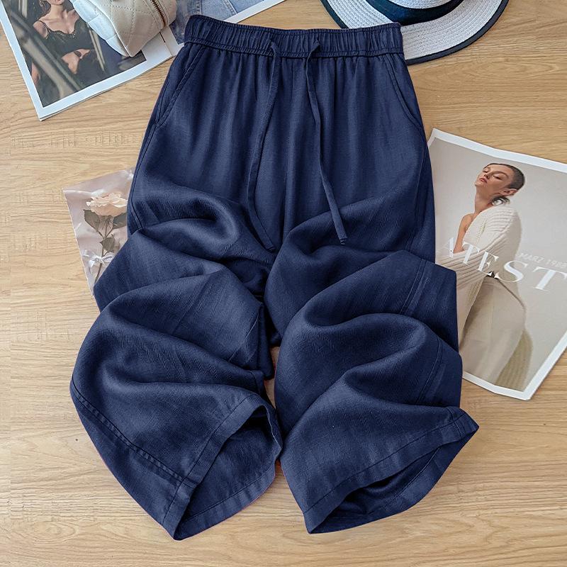 Women s High Waist Tencel Linen Yellow Wide-Leg Pants - Summer 2025 Style L