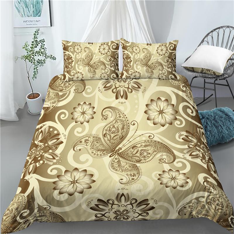 Butterfly King/Queen Size Bedding Sets for Women Golden Butterfly Black Duvet Cover Flower Butterflies Polyester Quilt Cover