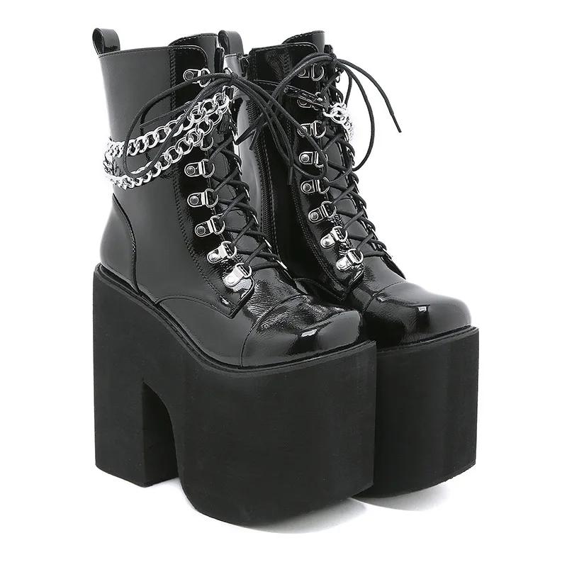 Fashion Woman Lace Autumn Boots Womens Ladies Chunky Wedge Platform Black Patent Leather Ankle Boots Punk Goth New Arrival 2025