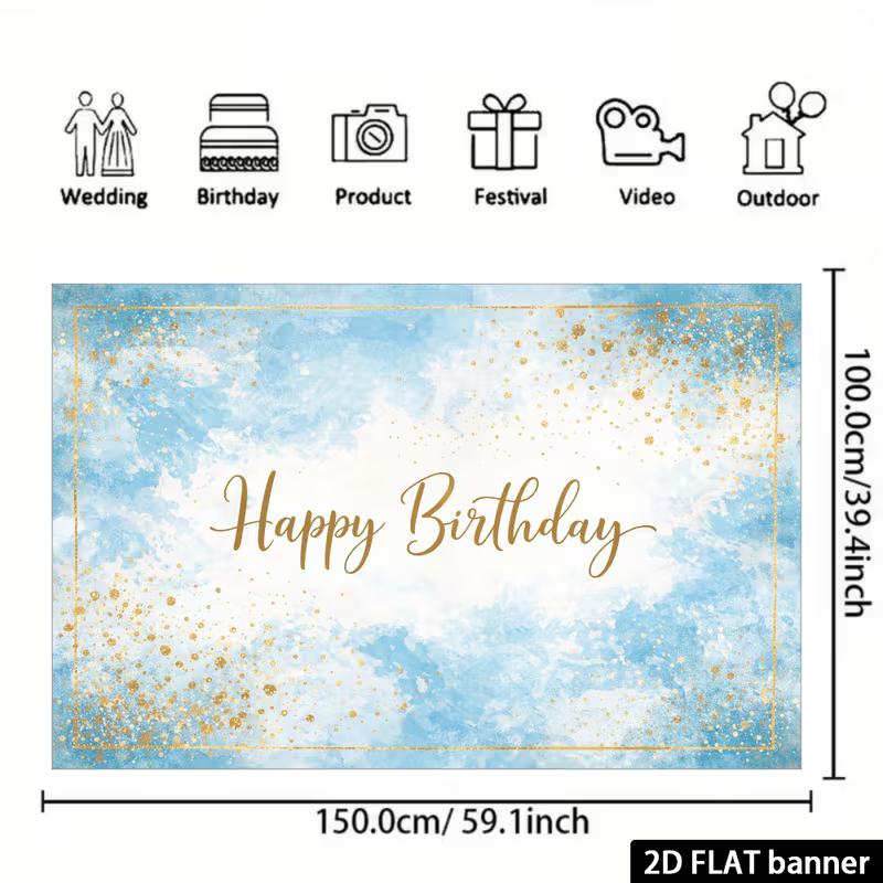 2D Elegant Watercolor Blue Happy Birthday Backdrop Banner Party Decoration