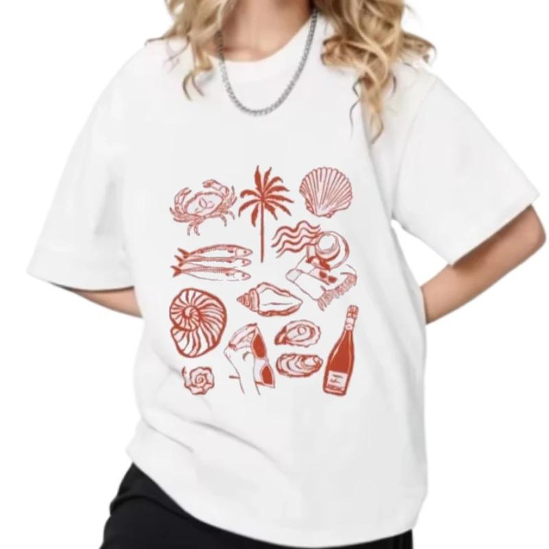 Summer Ocean Coastal Graphic Tees Trendy Retro Aesthetic La Dolce Vita T Shirt Cute Oyster Wine Shirt Beach Vacation Women Tops