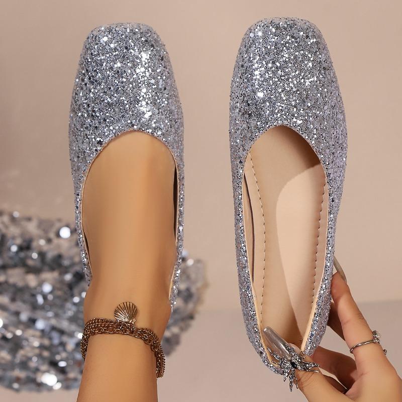 Damen Frühling und Sommer Neue Damenschuhe Pailletten Schimmernd Flacher Ausschnitt Damen Single Shoes Eckige Zehenpartie Flacher Boden Blockabsatz Lässige Single Shoes