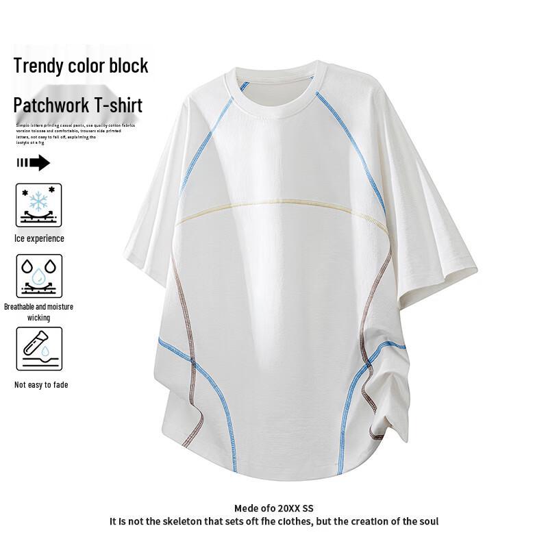 MEDE Men s American Patchwork Contrast Stitch Ice Silk T-Shirt XL