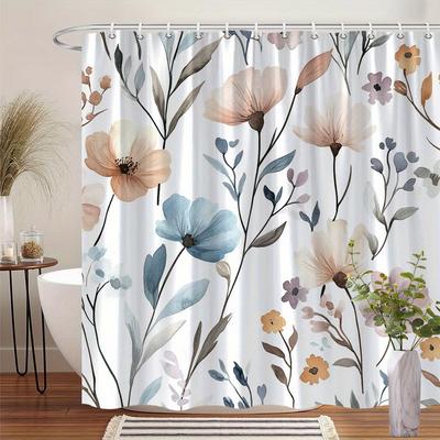 1 Pastel Floral Shower Curtain, Blue And Purple Watercolor Pattern With Elongated Leaves, With Hooks, Machine Washable Polyester