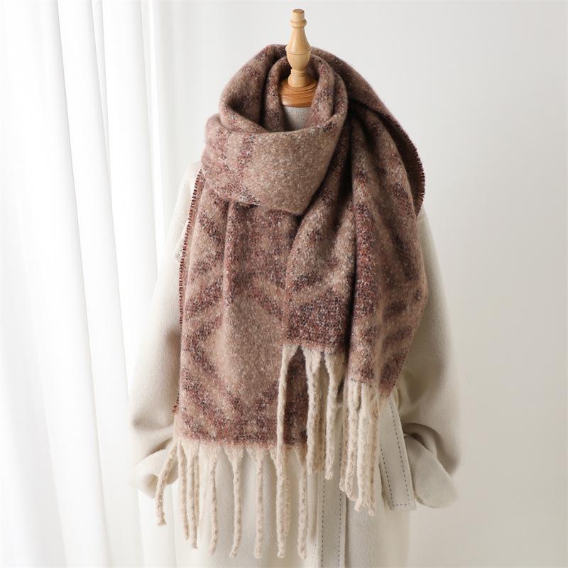 Navy Blue Brown Pattern Geometric Texture Imitation Cashmere Warm Shawl Scarf Autumn And Winter Fashion Versatile Fringed Commuter Scarf