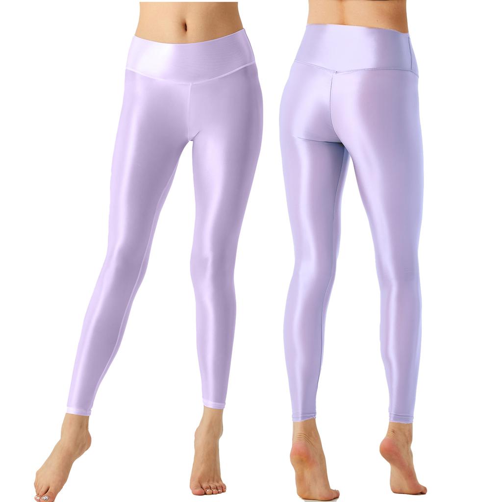 M-XL Damen Leggings mit breitem elastischem Bund Unifarbene glänzende dehnbare Hosen für Yoga Pilates Workout Bodybuilding