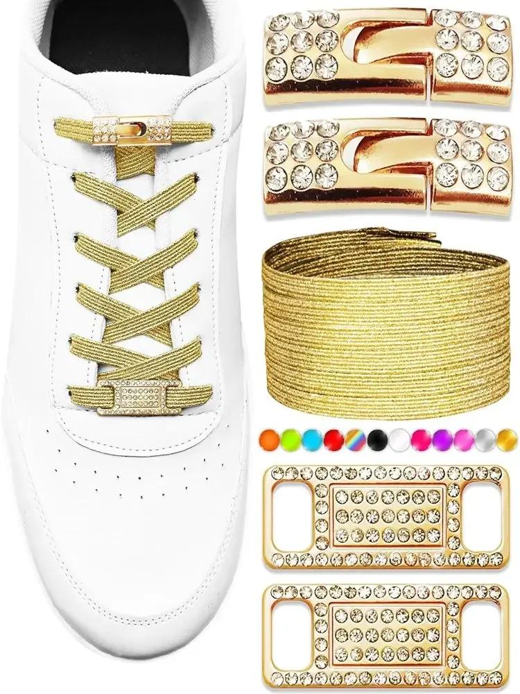 Elastic No Tie Shoe Laces Bling Diamond Cross Locks Shoelace Charms for Women Sneakers Luxury Smart Buckle AF1 Metal Shoelaces