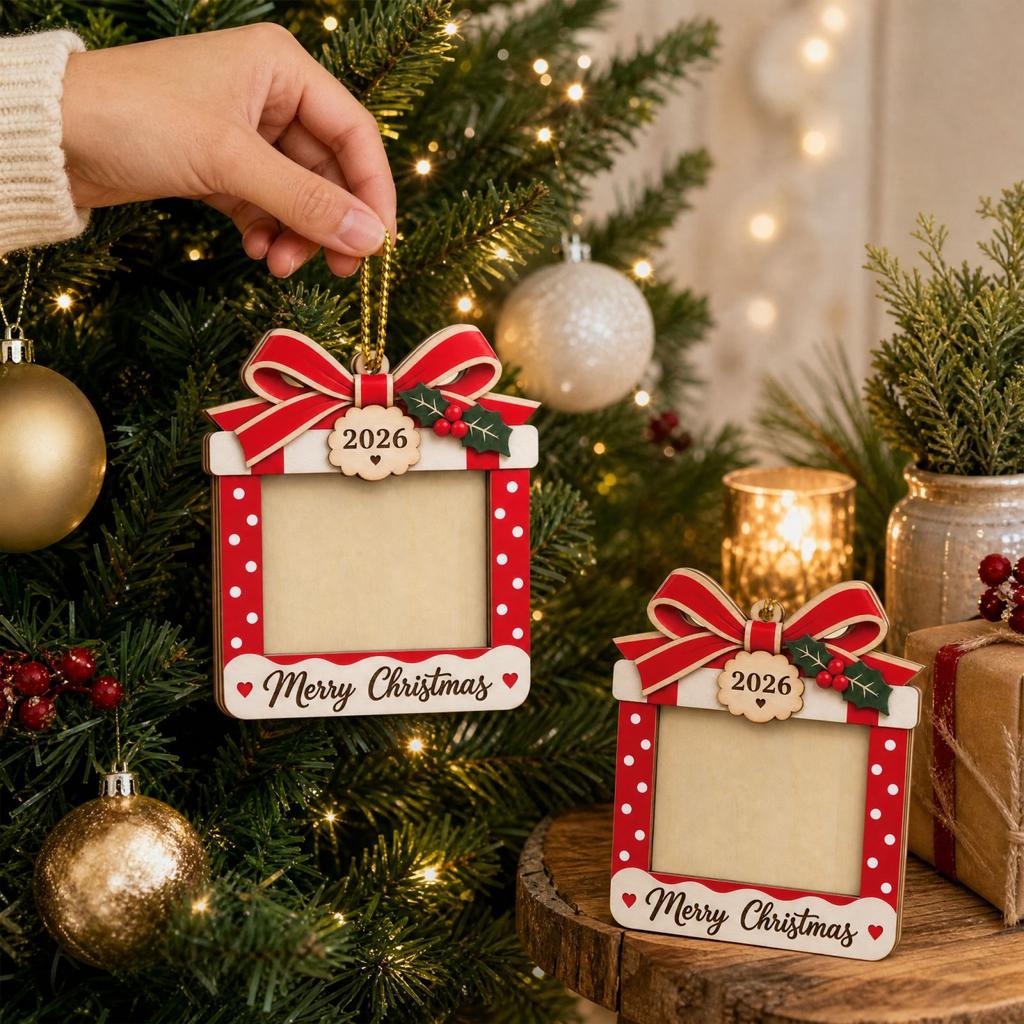 Wooden Christmas Tree Photo Ornament, Family Keepsake Hanging Decoration for Christmas Tree