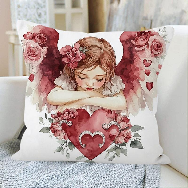 Valentine's Day Angel Print Home Decor Pillowcase Bedroom Living Room Sofa Decoration Polyester Cushion Cover with Zipper