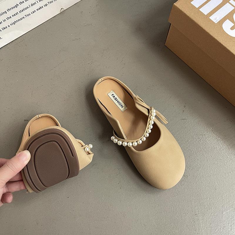 

Женские тапочки весна новые мягкая подошва жемчужный бант уличные сумка голова полутапочки 40