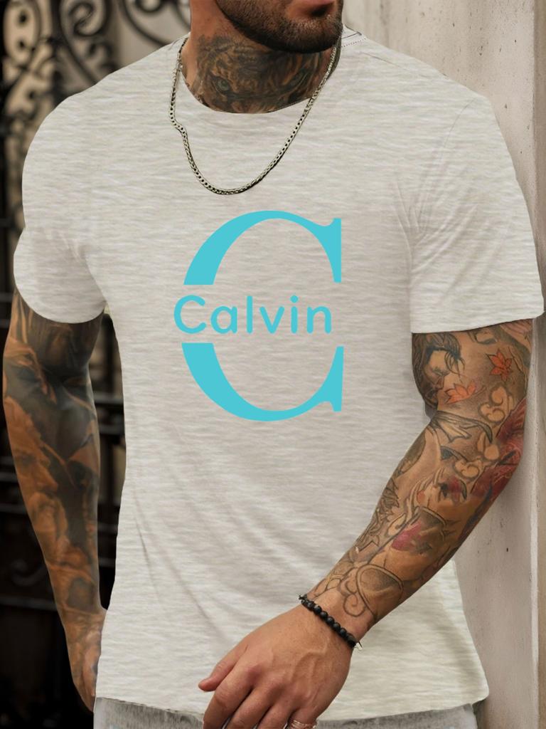 Camiseta de Manga Curta Calvin Masculina 100% Algodão Estampa Colorida Verão Gola Redonda Respirável Casual Moda Camiseta Legal