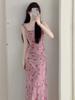 French Romantic Pink Floral Suspender Dress Women's Summer New High-end Sexy Super Figure Temperament Dress