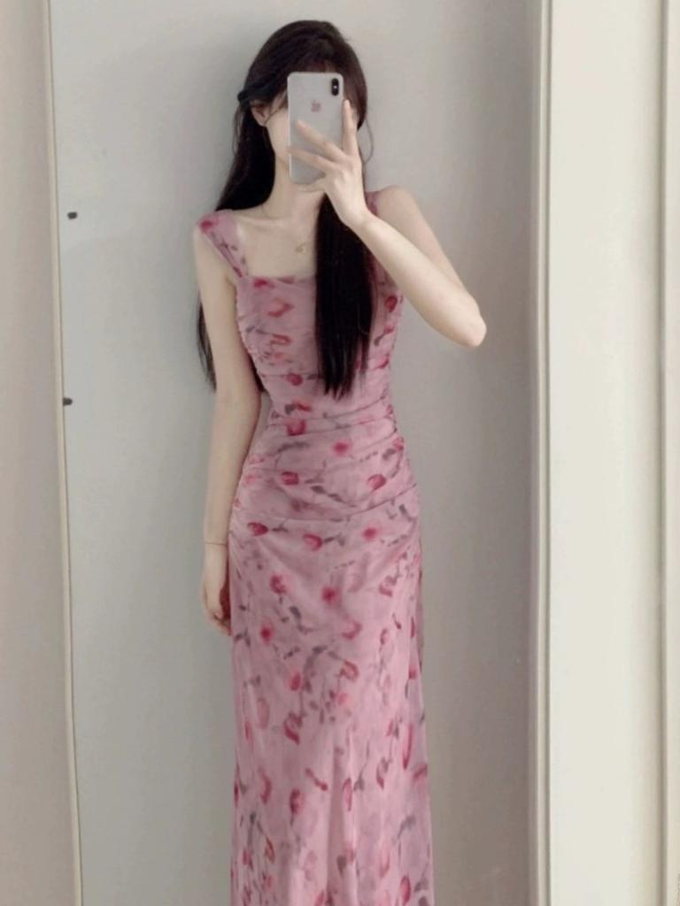 French Romantic Pink Floral Suspender Dress Women's Summer New High-end Sexy Super Figure Temperament Dress