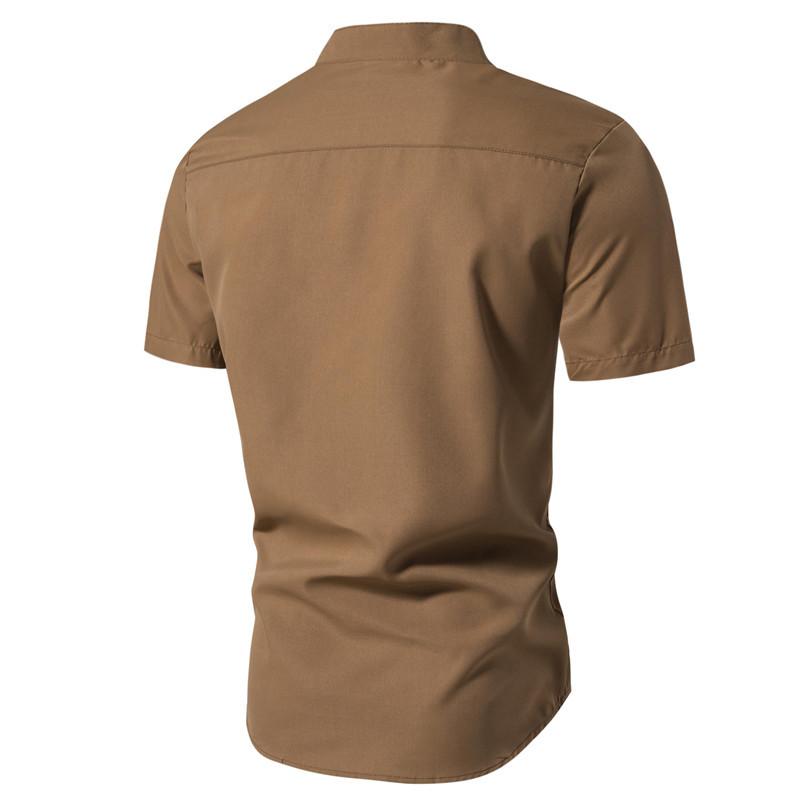 Summer Solid Stand Collar Men's Casual Shirt Buttons Short Sleeve White Black Shirts Men Pullover Top