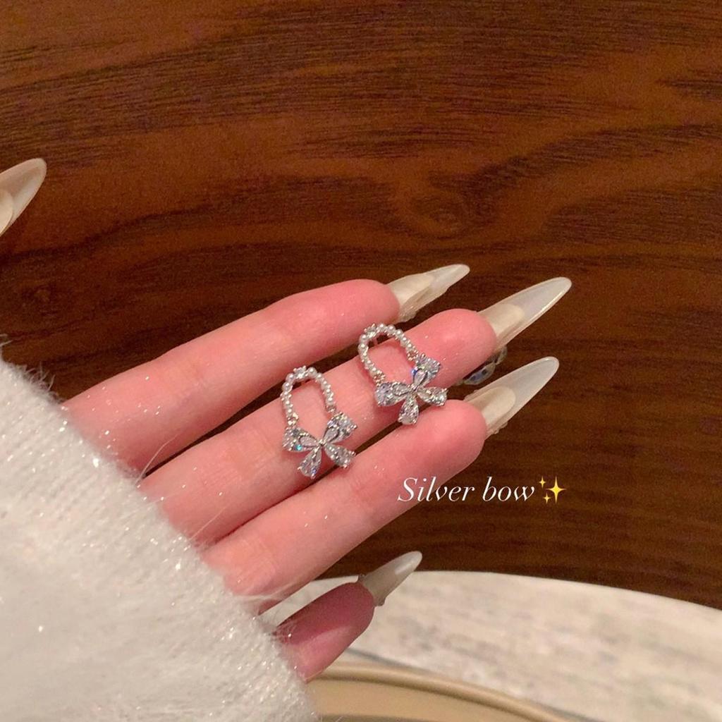 2025 Trendy Korean Micro-Inlaid Zircon Bow Earrings with S925 Silver Needle and Pearl for Women