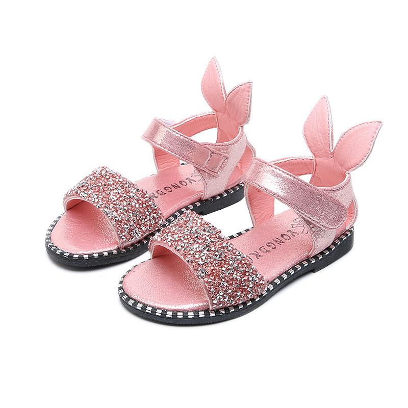 Children Sandals For Toddlers Girl Big Girls Kids Beach Shoes Cute Sweet Princess Rhinestone With Rabbit Ear Soft Fashion 21-36