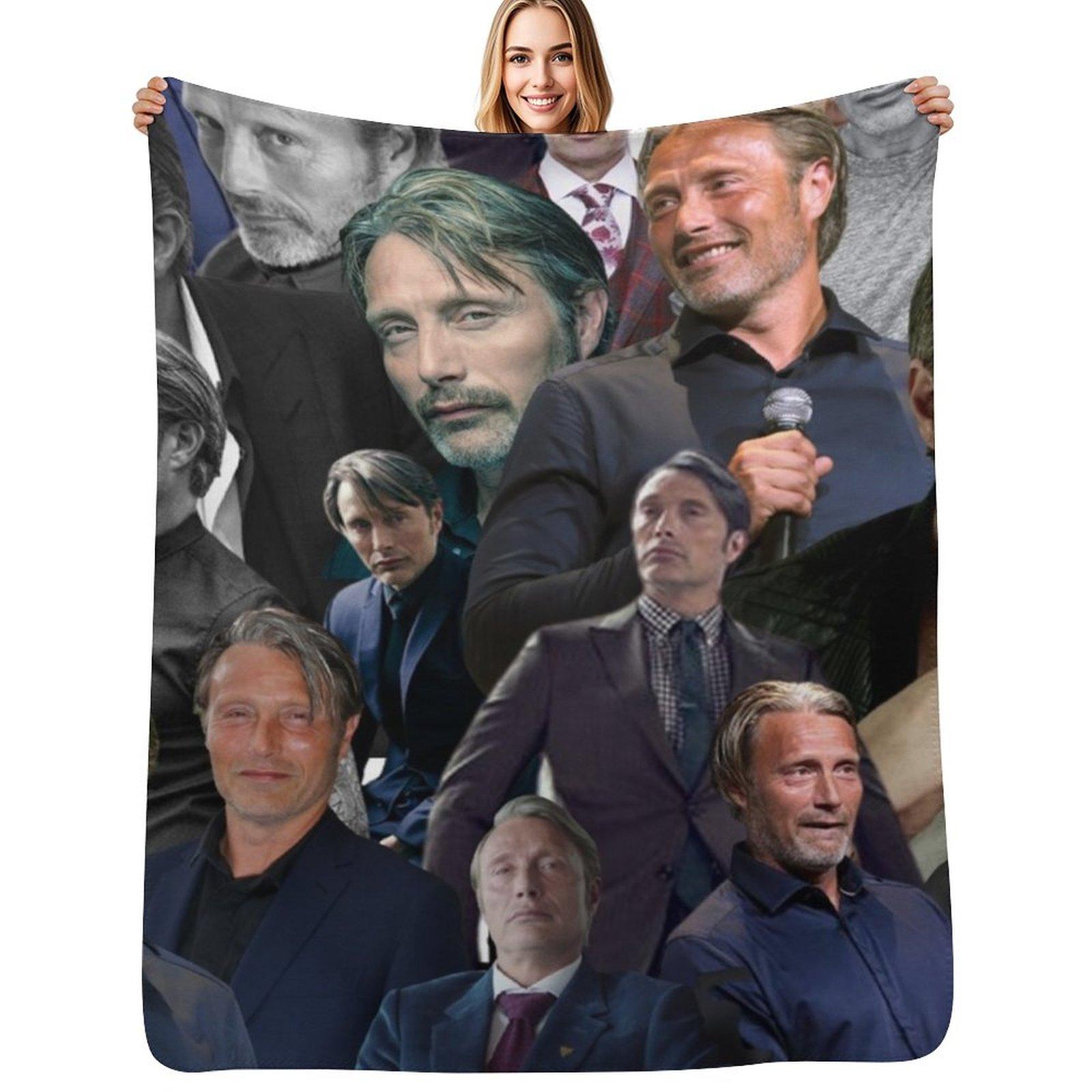 mads mikkelsen photo collage Throw Blanket Cozy Light Blanket for Travel Camping Picnic Size: 75*100cm, Weight: 230 GSM