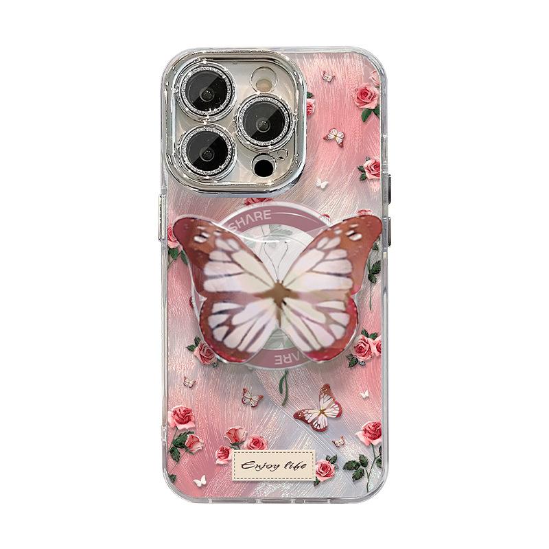 Rose Butterfly Magnetic Snap Bracket Applicable To Apple 16pro Mobile Case 15 Full-inclusive Lens Film 14 Anti-fall 13 Feather Yarn