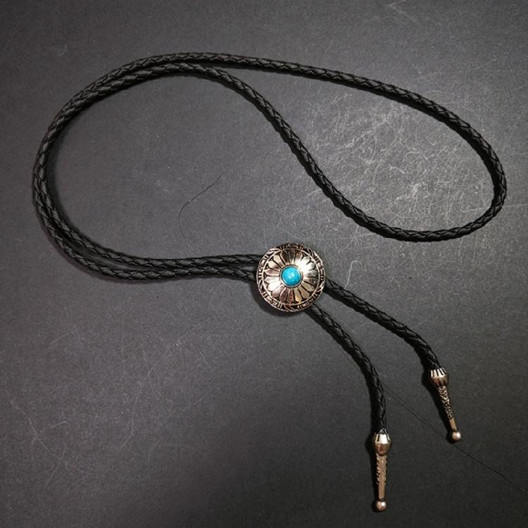 Western Shoestring Necktie Braided Belt Tie Cool Charm Engraved Stone Pendant for Women Men