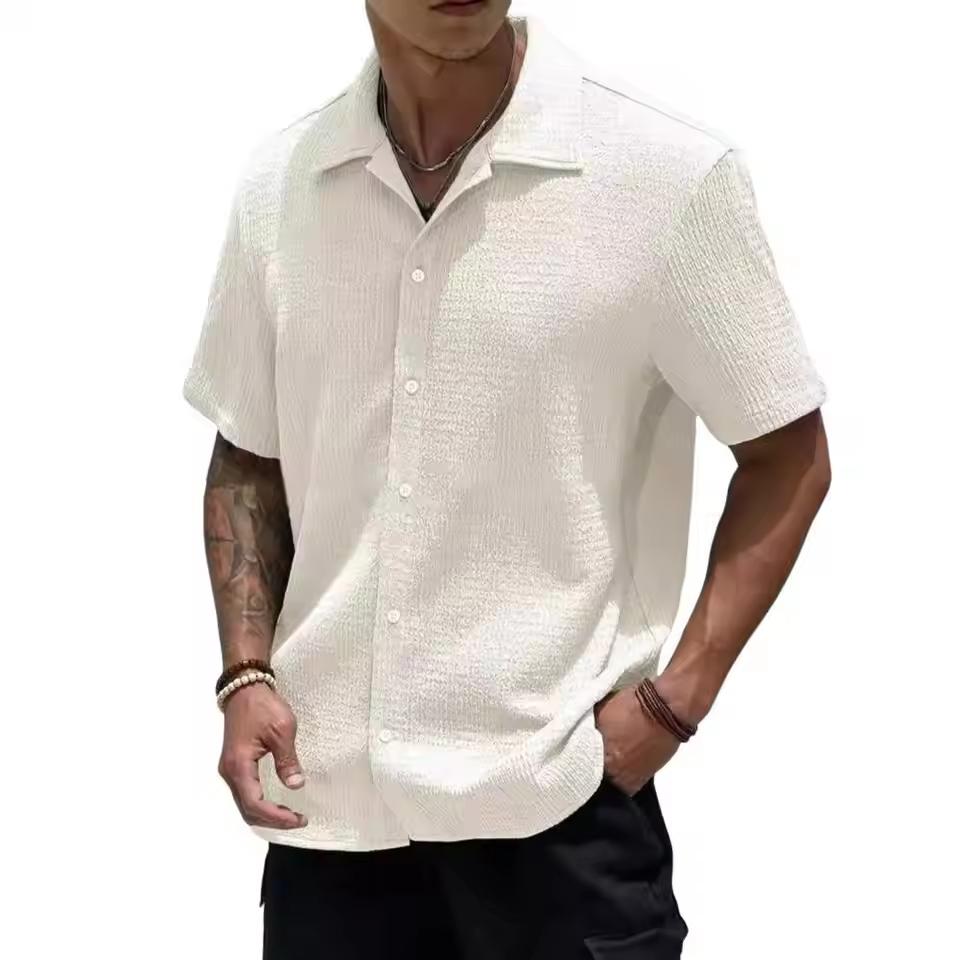 

Мужская деловая рубашка, мужская однотонная рубашка, мужской летний кардиган на пуговицах с отложным воротником, короткие рукава, свободный покрой 2XL бежевый