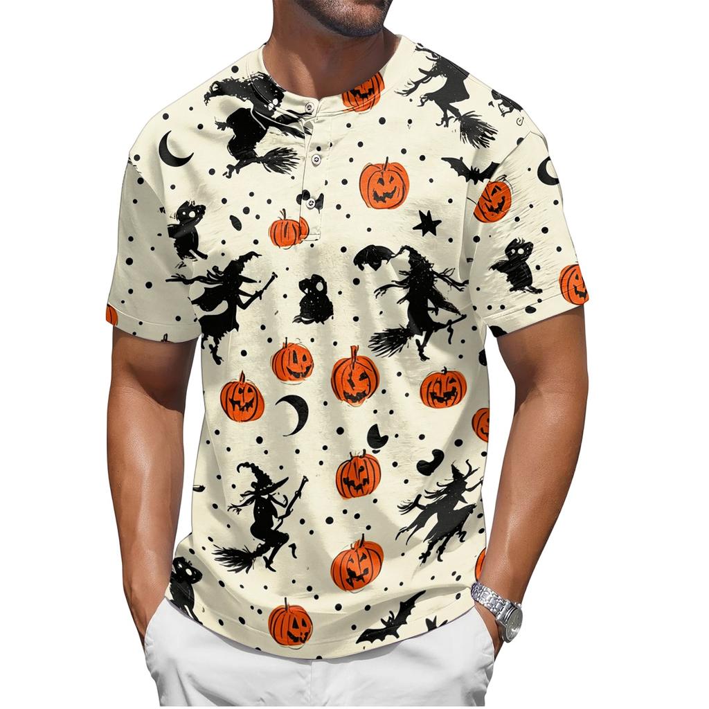 Men's Halloween Short Sleeve Henley Shirt Pumpkin and Bat Print Casual Lightweight Breathable Top for Seasonal Wear