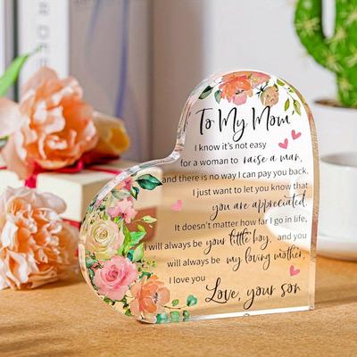 Mom Acrylic Heart Plaque: Birthday/Mother's Day/Christmas/Valentine's Gift from Son/Daughter. Thoughtful, Shows Gratitude