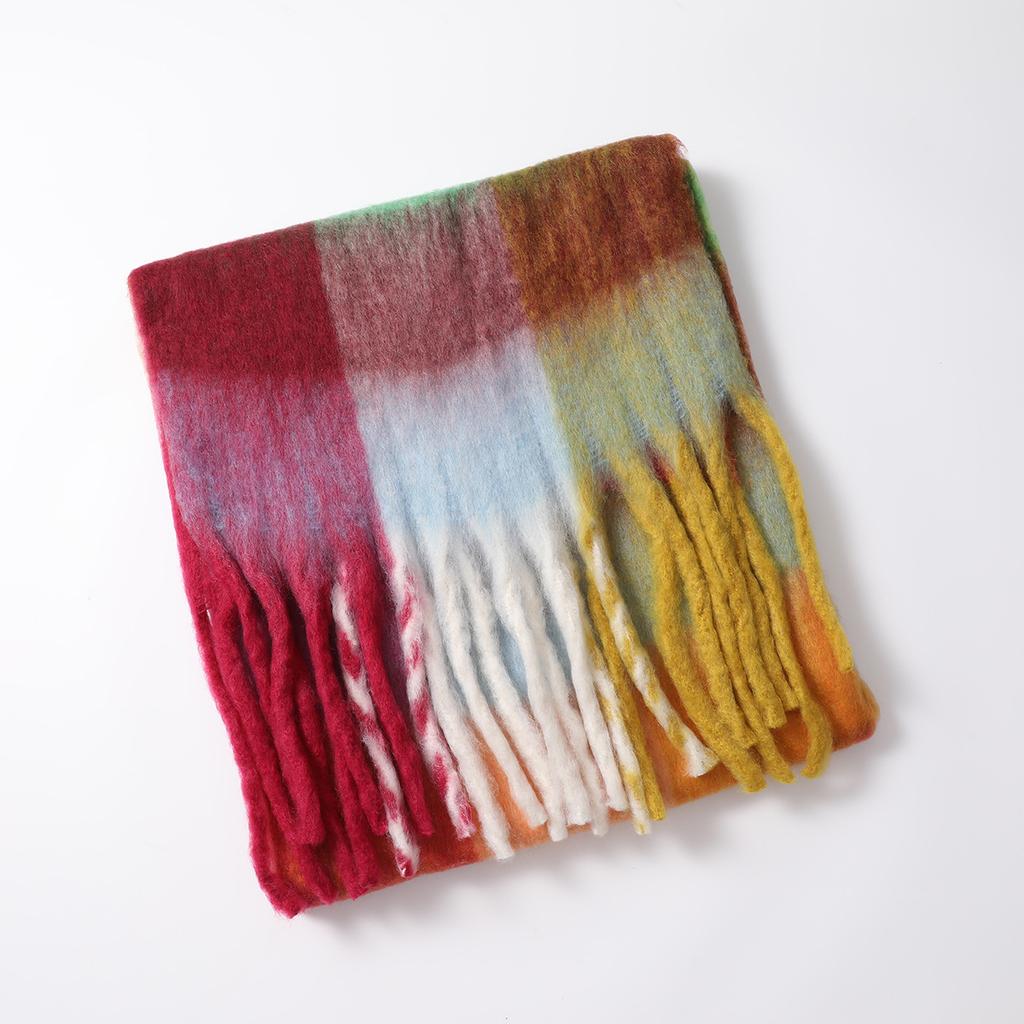Men's and Women's Autumn and Winter Scarf Fashionable Warm Rainbow Plaid Shawl Tassel Thickened Mohair Scarf