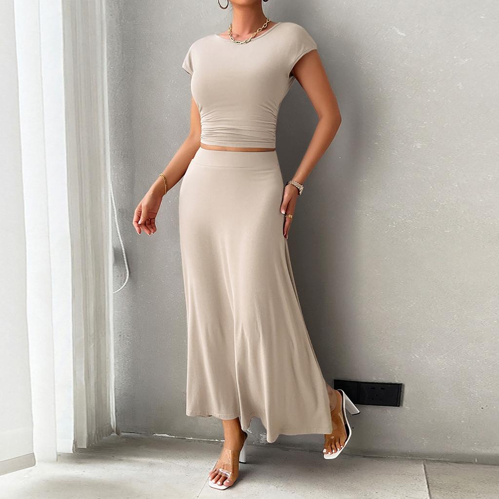 Women's Spring And Summer Short-sleeved Tops Temperament Slim Fit Solid Color Short-sleeved Half-length Dress Set