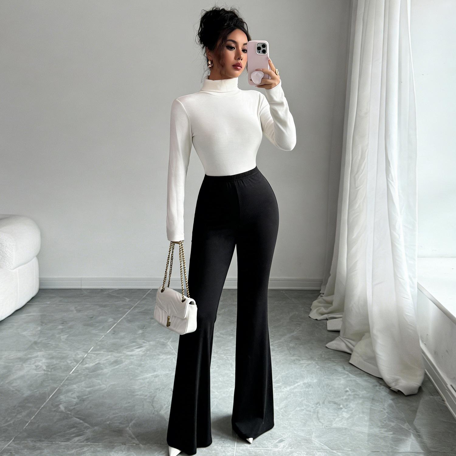 

European American High-Waisted Black Wide-Leg Micro-Flare Yoga Pants for Autumn/Winter - Women s Petite Bell Bottoms S (85-100) чорний
