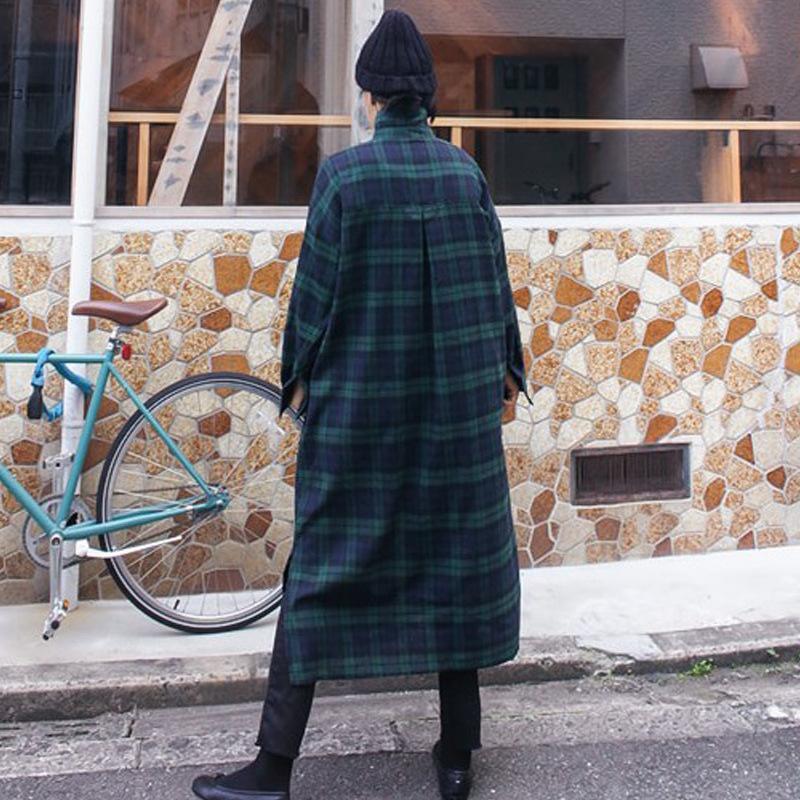 Nowa koszula w kratę z długim rękawem dla kobiet, styl koreański, średniej długości, luźna, za kolano, koszula w stylu casual z rozcięciem