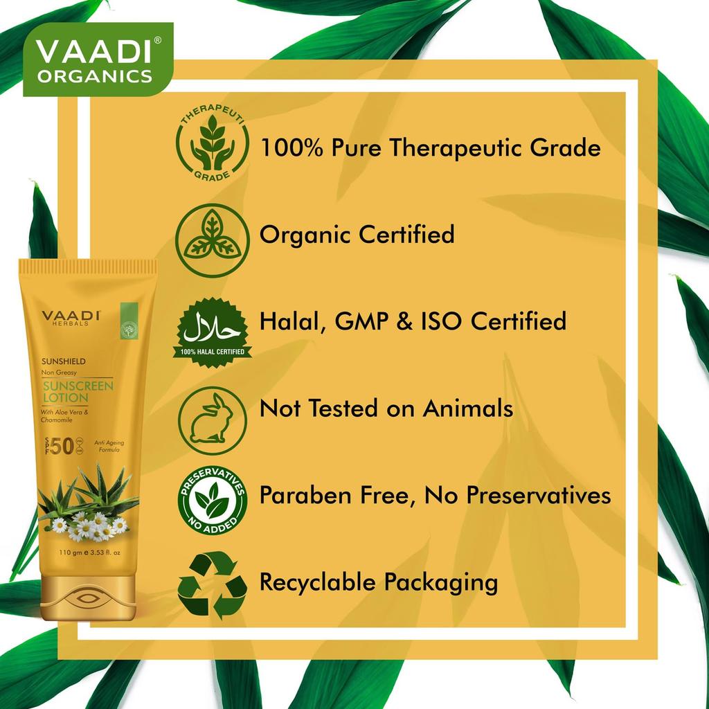 Vaadi Herbals Sunscreen Lotion SPF 50 With Aloe Vera & Chamomile Lightweight Non Greasy Sun Protection Lotion For Face & Body 110 ml
