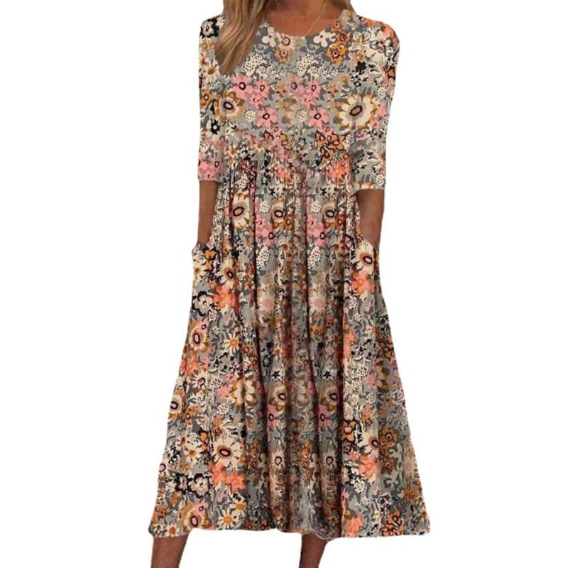 Rochie de damă cu imprimeu floral la modă, mărime mare, buzunar de vară, vintage, lejer, rochii casual pentru femei, elegantă, simplă, cu gât rotund, rochie de damă de birou 24258