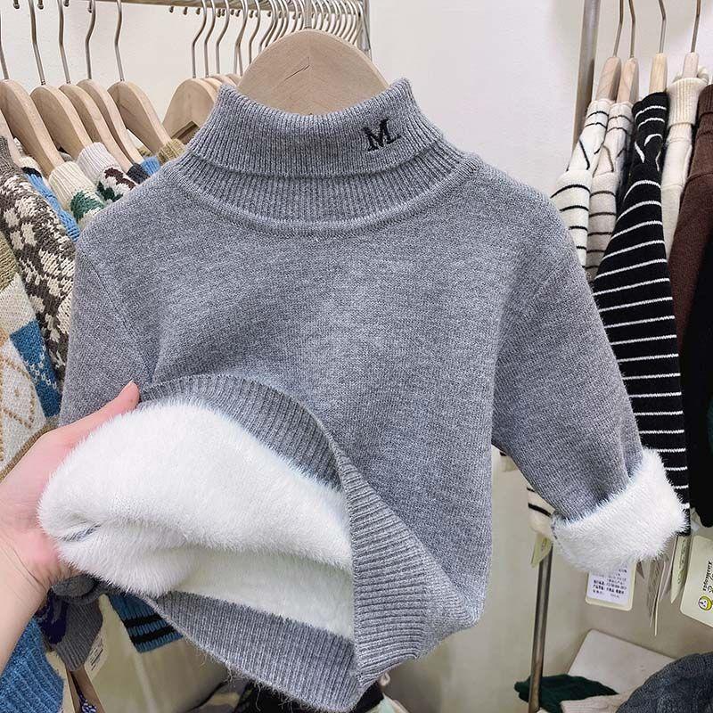 

Детский свитер с высоким воротом и плюшевой основой для малышей, цельный плюшевый утолщенный теплый зимний внутренний топ для девочек 120 серый