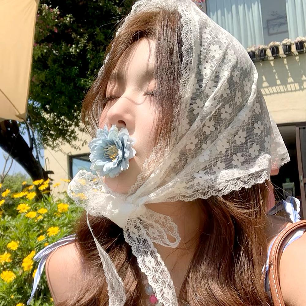 

Модный кружевной треугольный платок Романтический летний белый плетеный цветочный кружевной шарф для волос Повязки для путешествий Фото Аксессуары для волос