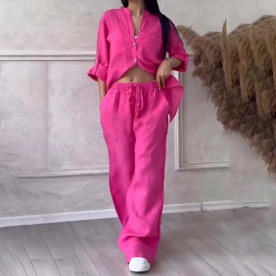2 Pcs/Set Women Set Homewear Outfit Collar Long Solid Color Stand Shirt Pants Sleeve Top Wide