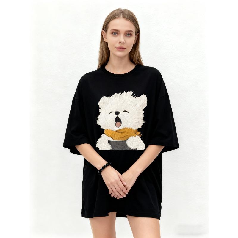 Oversized T Shirt Black Cute White Dog With Scarf Print Casual Everyday Wear