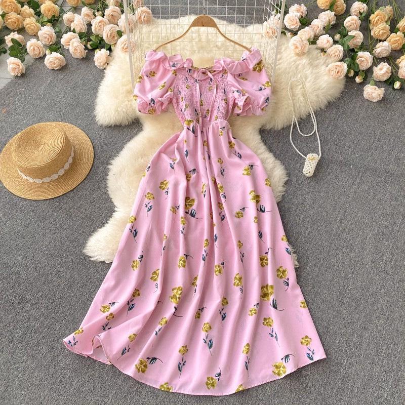 French Retro Floral Slimming High-Waist Long Dress with Pleated Drawstring and Big Swing Hem